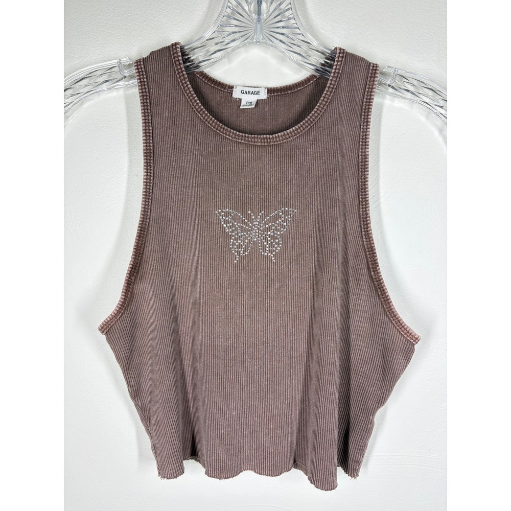 Garage Women Tank Top Small Brown Butterfly Rhinestone Ribbed Y2K Fairycore Crop